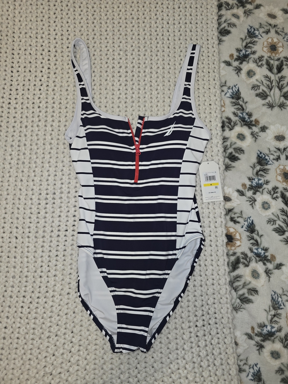 Nautica Navy and White Striped One-Piece Swimsuit with Red Zip